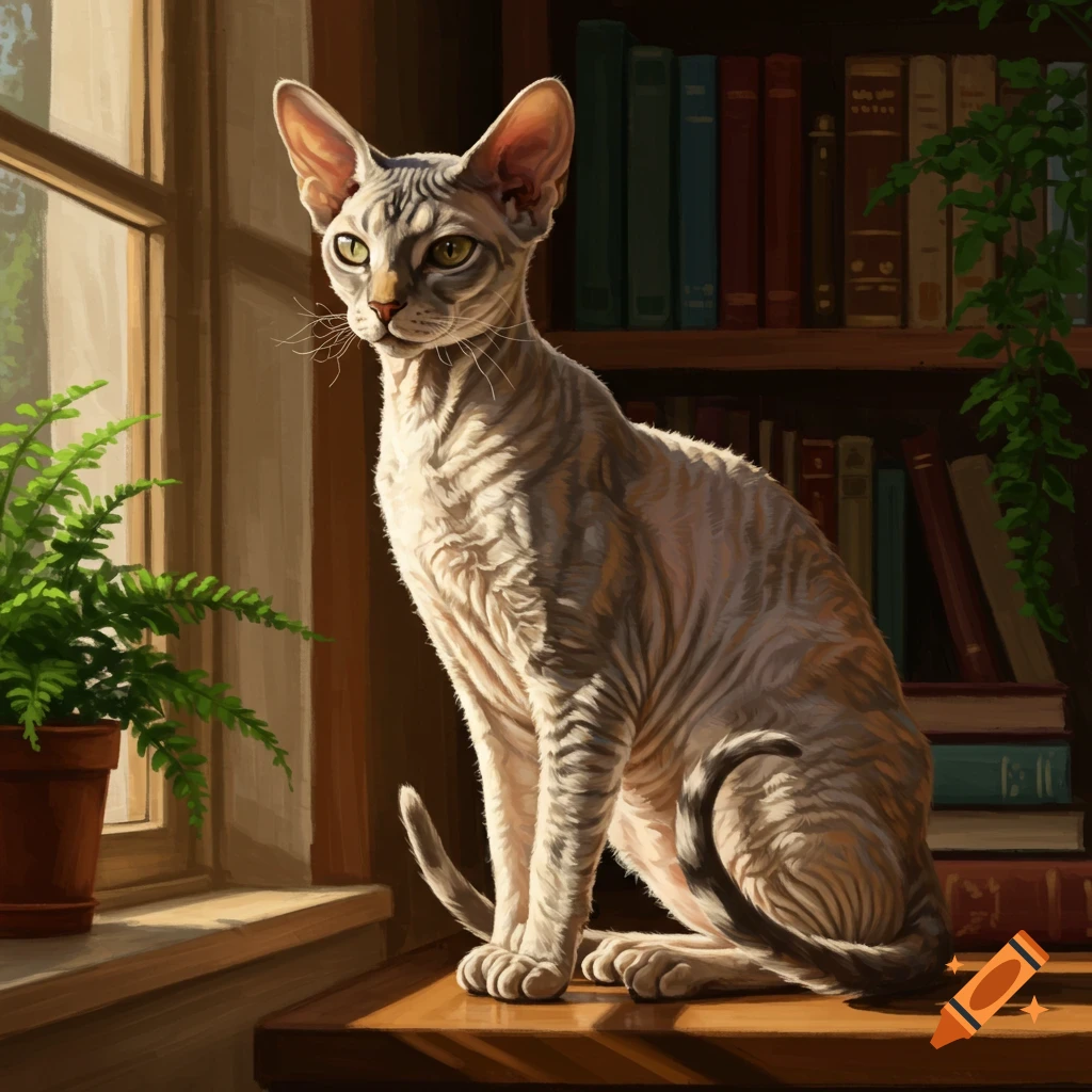 A striped Rex cat with green eyes sits on a sunlit wooden table by a window, with a bookshelf behind it.