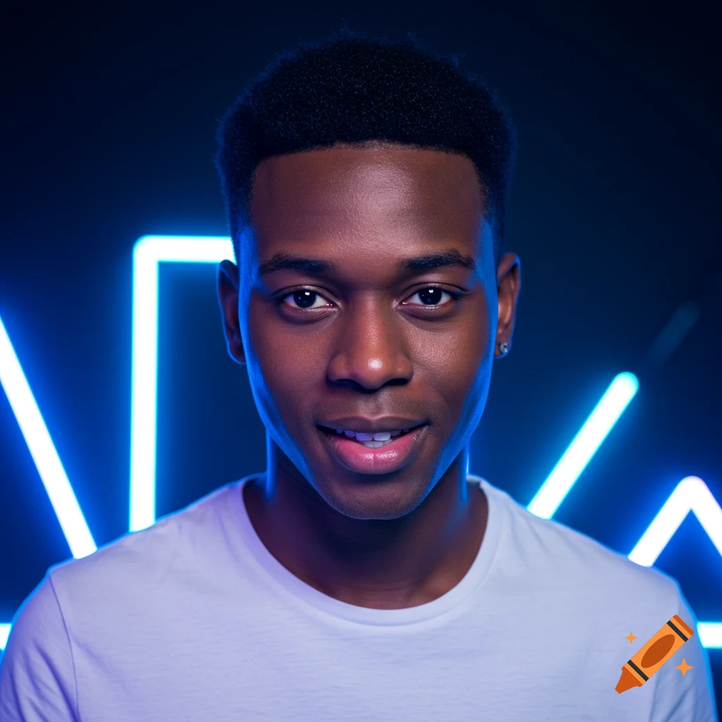 A smiling young Black man in a white t-shirt against a dark background with glowing blue neon shapes.