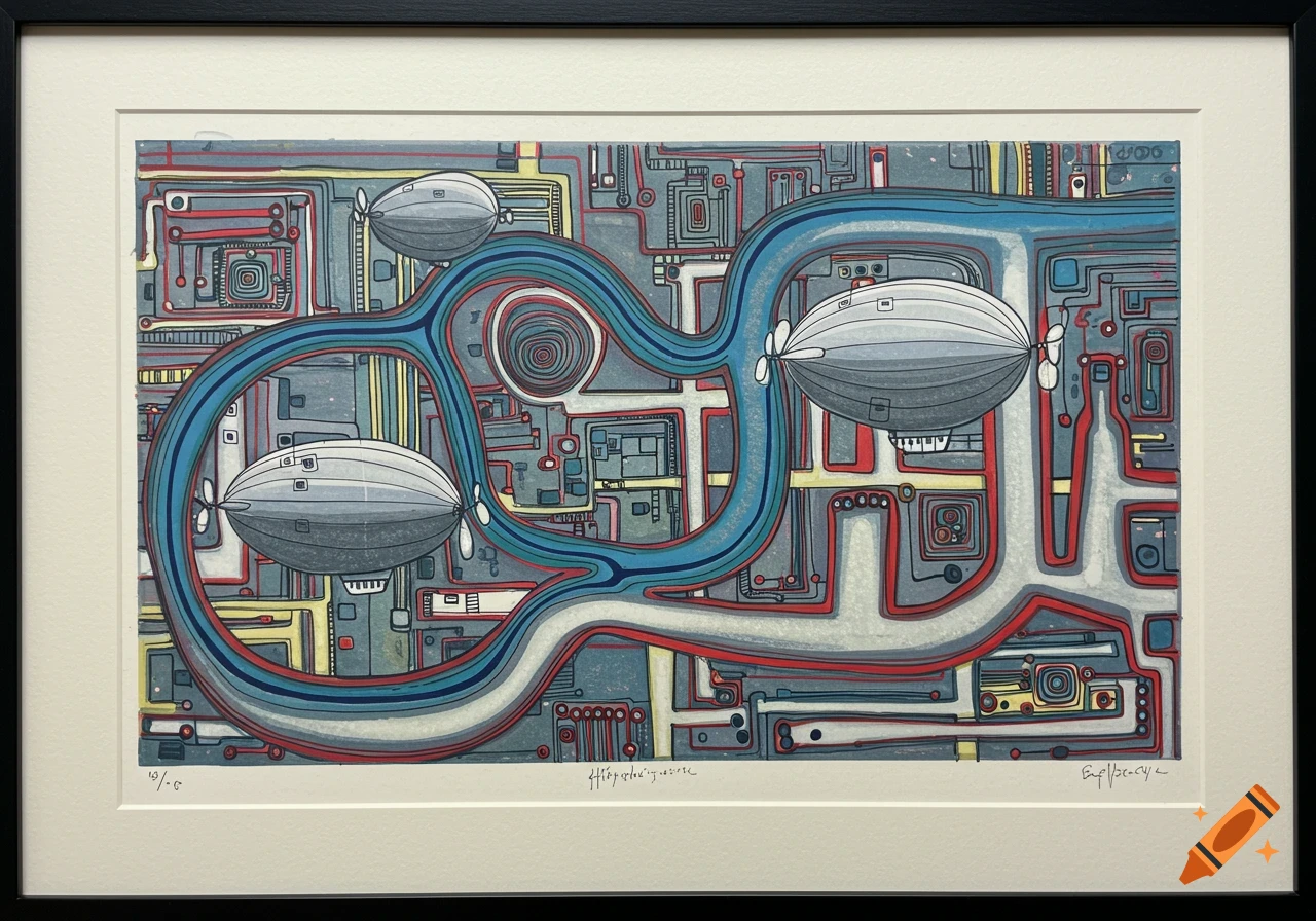 A monoprint illustration in Hundertwasser style with three blimps floating above a complex circuit board pattern, framed.