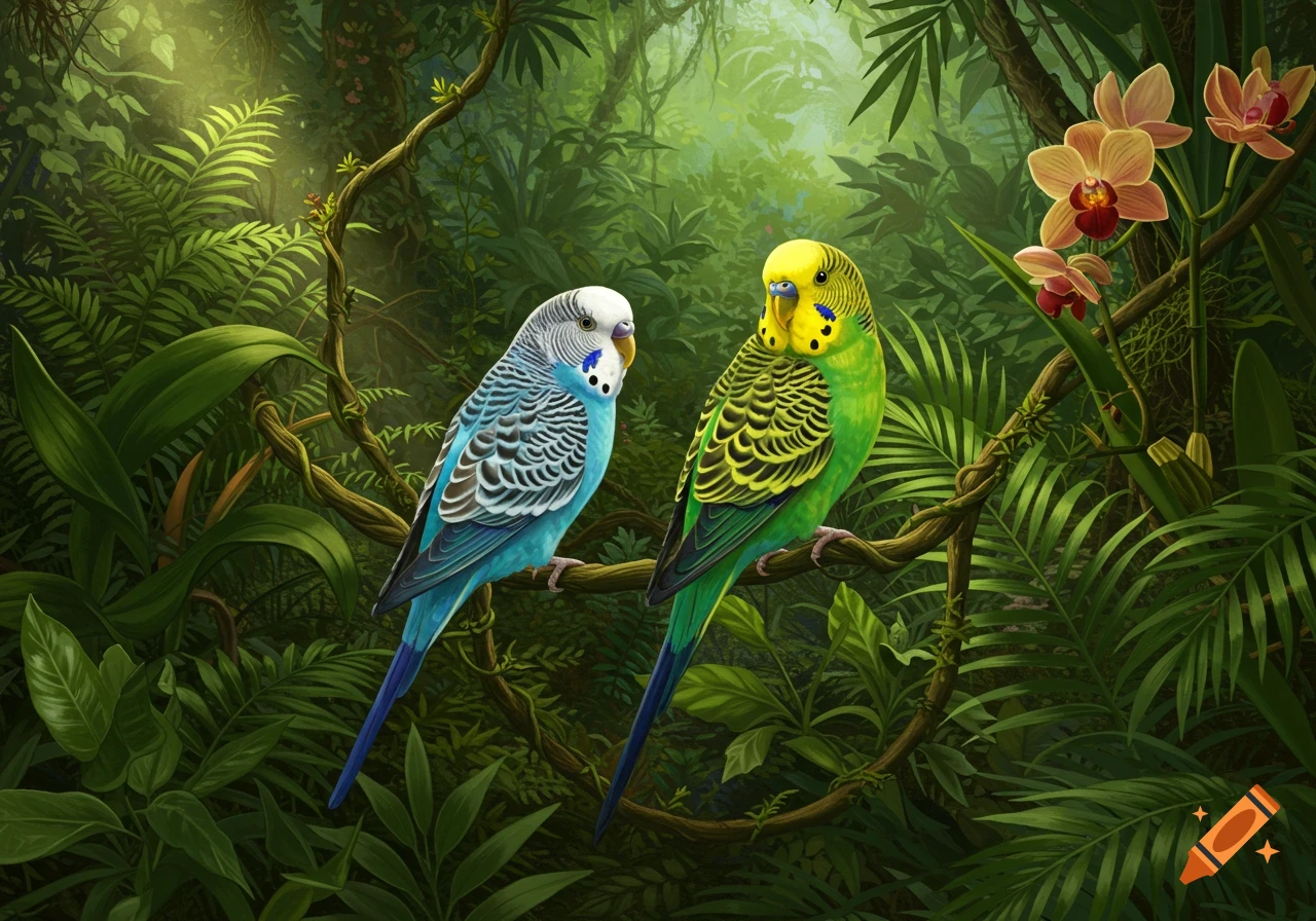 Two colorful budgerigars, one blue and white, the other green and yellow, perch on a vine in a lush, sun-dappled jungle with orchids.