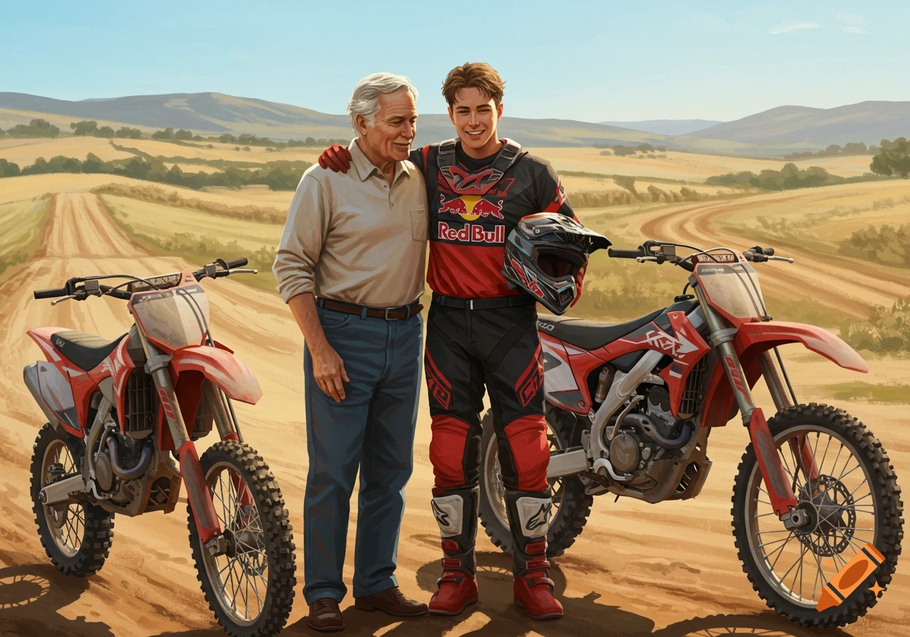 An older man embraces a younger man in motocross gear, standing with two red dirt bikes on a dusty track in a sunny, rolling landscape.