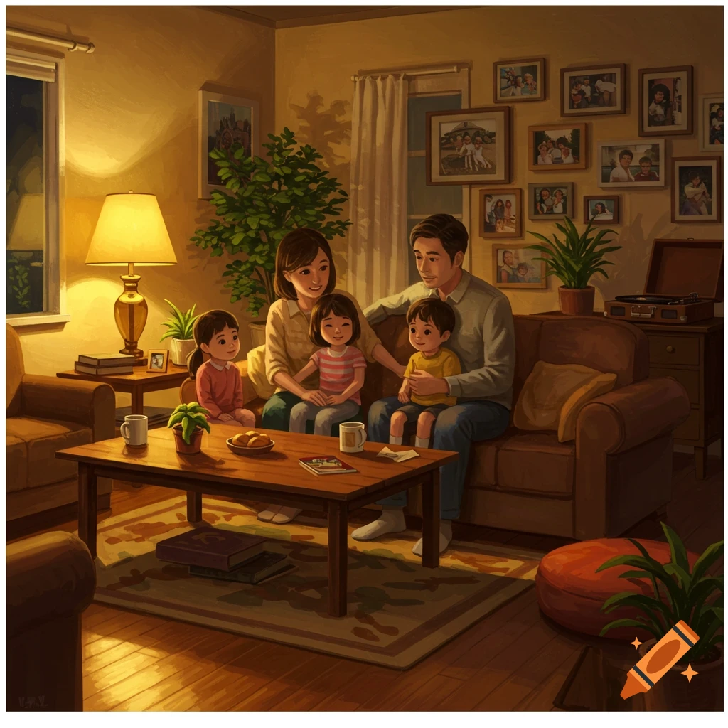 An illustration of a family, parents and two young children, sitting together on a couch in a cozy, warmly lit living room at night.