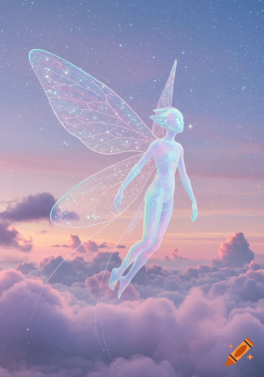 A glowing, iridescent fairy-like figure with transparent, sparkling wings floats amidst pink and purple clouds under a starry sky.