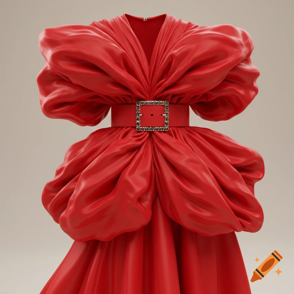 A vibrant red 3D rendered dress with voluminous sleeves and a cinched waist featuring a large, ornate jeweled buckle.