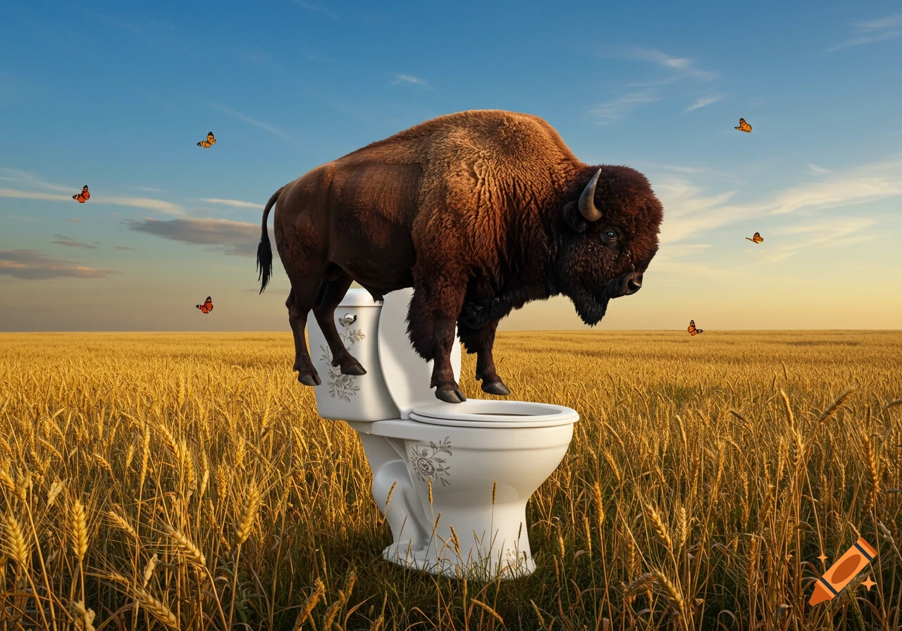 A photorealistic bison stands atop a white toilet in a golden wheat field under a blue sky with scattered butterflies.