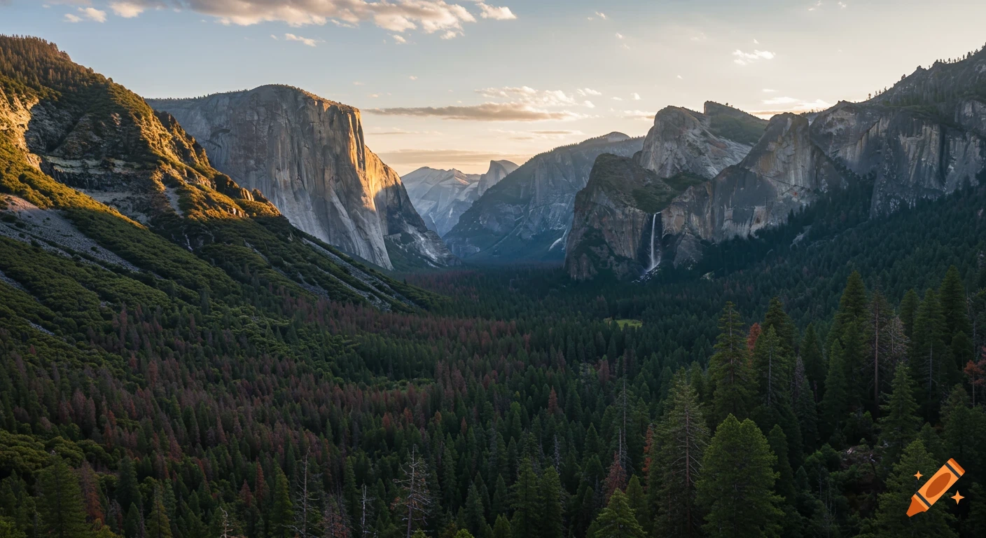 A panoramic view of Yosemite Valley with towering granite cliffs, a dense evergreen forest, and a waterfall under a golden sky.
