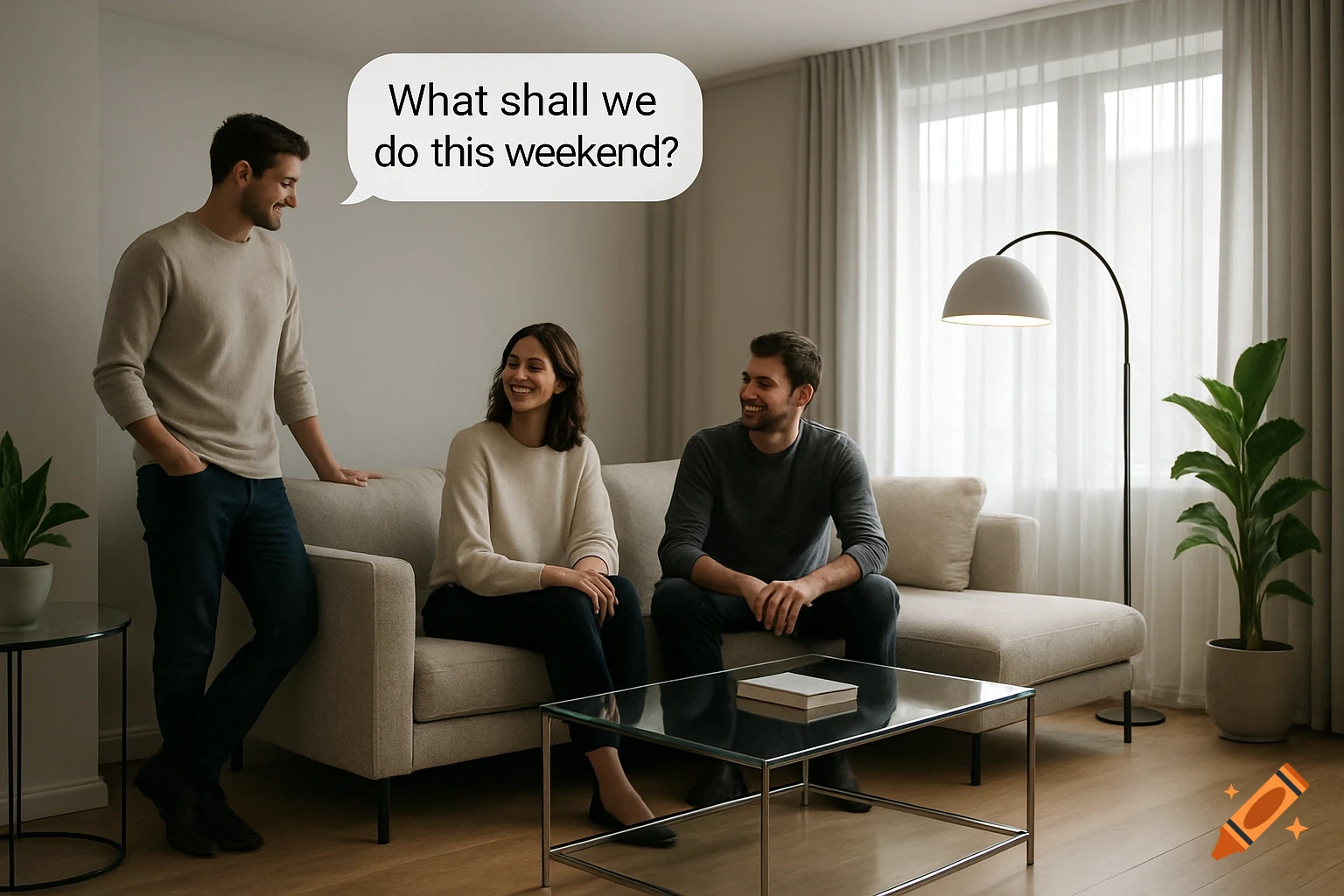 Photorealistic image of three people in a modern living room. One man asks "What shall we do this weekend?" in a speech bubble.
