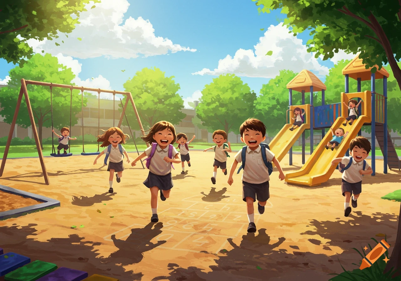 Smiling elementary school children with backpacks run and play on a sunny outdoor playground with swings and slides, in a vibrant cartoon style.
