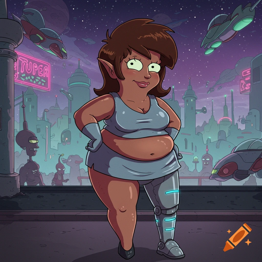 Chubby humanoid alien female with a robotic leg stands in a futuristic city at night, in Futurama cartoon style.