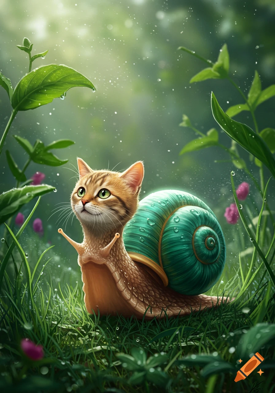 A whimsical cat-headed snail with a turquoise shell covered in dewdrops crawls through lush green grass with blurred foliage in the background.
