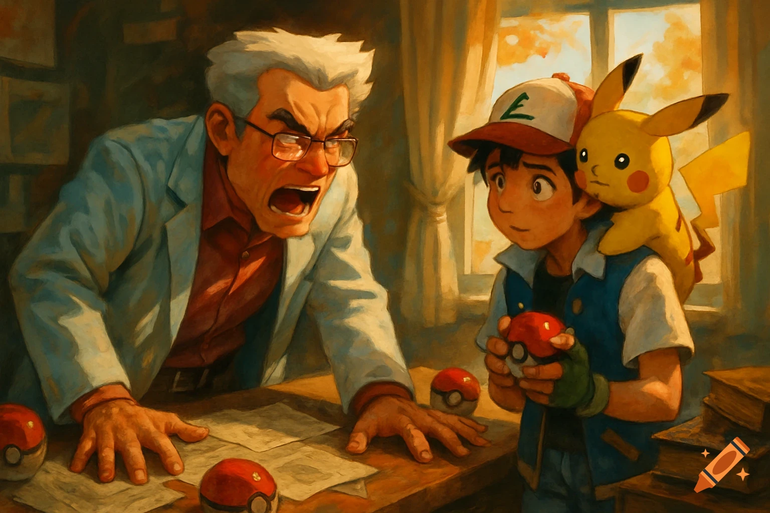 Professor Oak angrily shouts at Ash Ketchum holding a Pokéball, with Pikachu on his shoulder, in a painterly style.