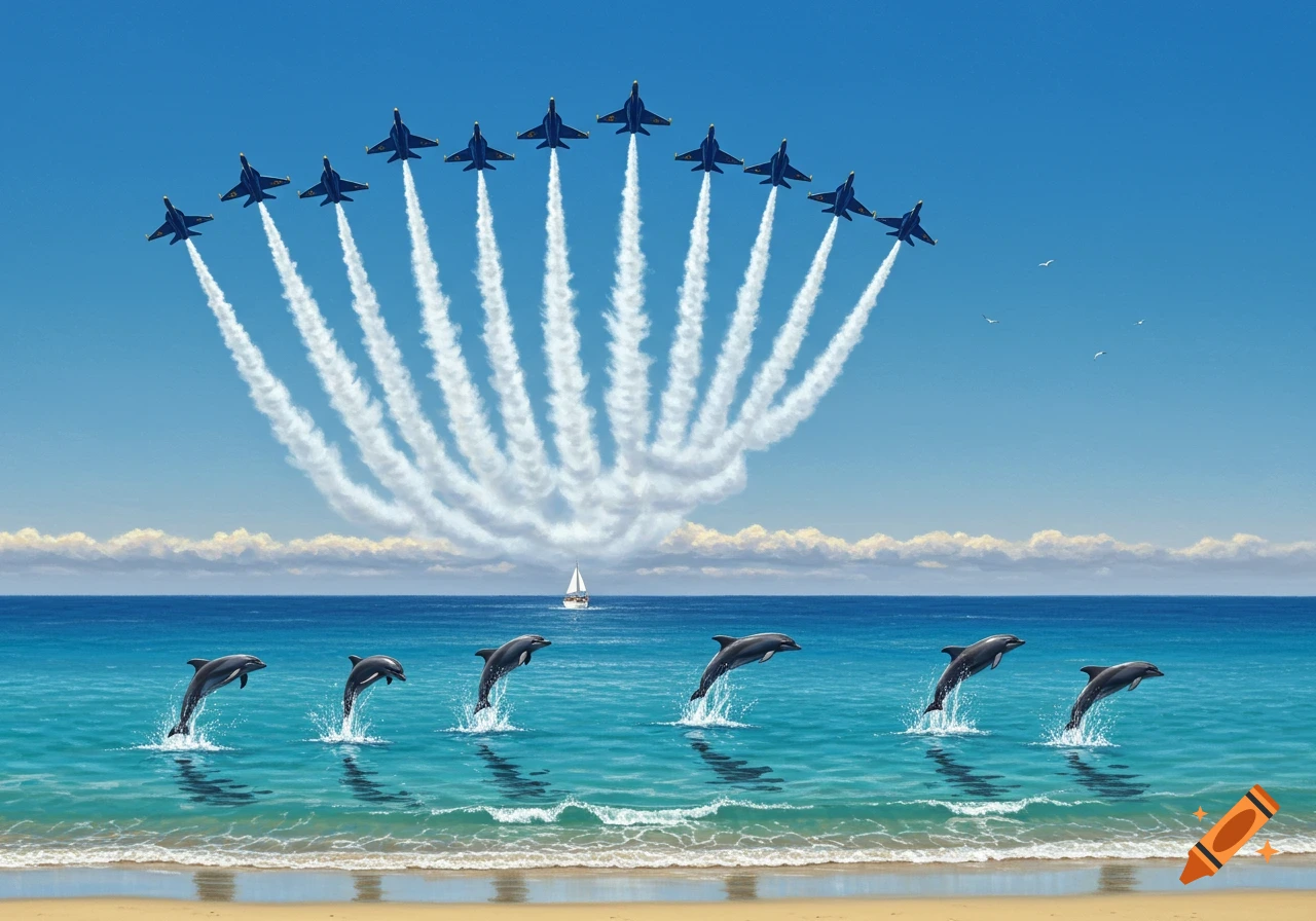 An illustration of blue jets flying in formation with white contrails over a bright blue ocean with dolphins jumping, and a sandy beach in the foreground.