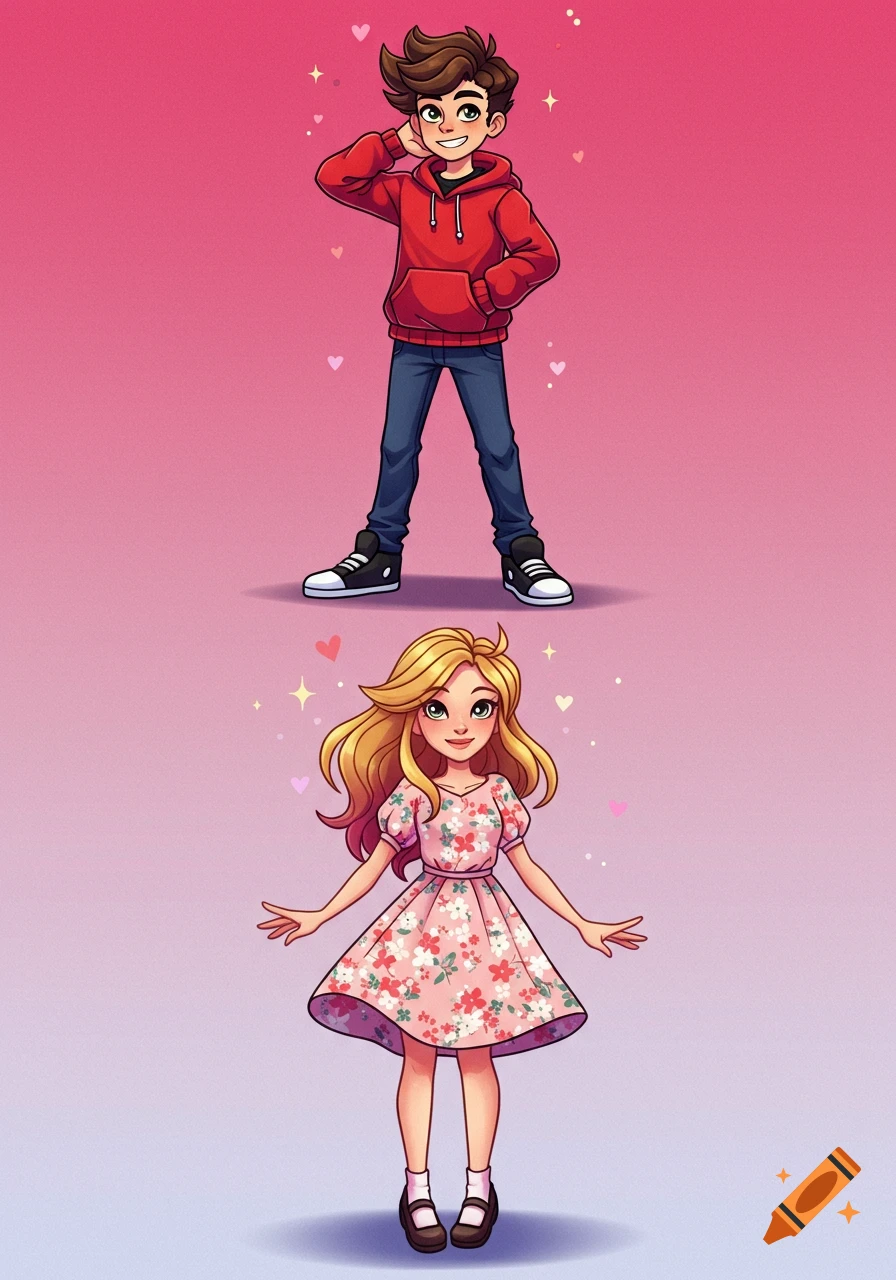Cartoon characters, a boy in a red hoodie and jeans above a girl in a pink floral dress, on a pink background with hearts.