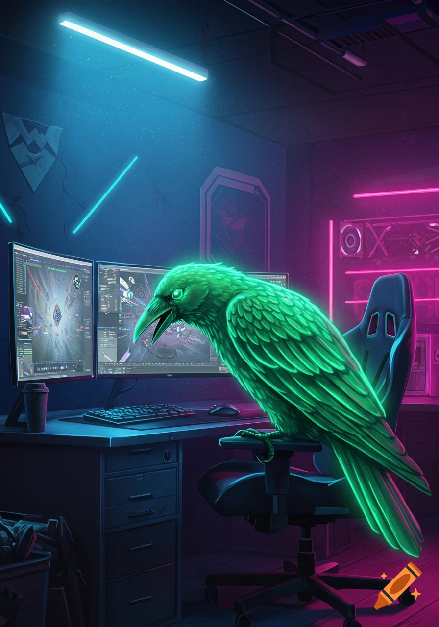 A vibrant green, glowing crow perches on a gaming chair in a neon-lit room with dual computer monitors displaying abstract graphics.