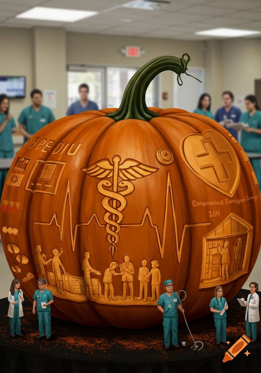 A large, orange pumpkin intricately carved with medical symbols like a Caduceus, a heart rate line, and small figures of healthcare workers, in a hospital setting.
