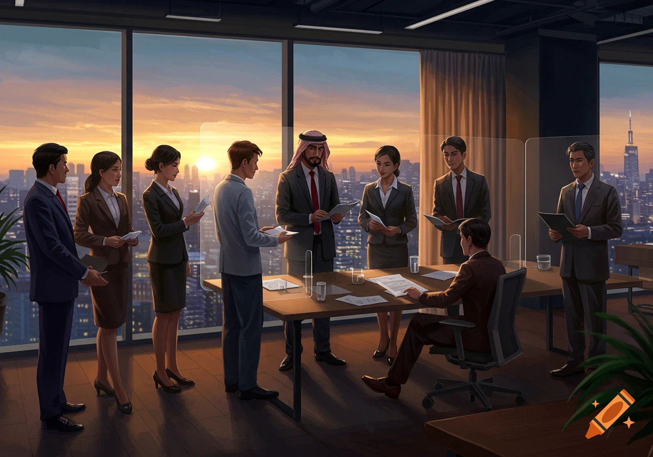 An illustration of a diverse group of business professionals meeting in a modern office, overlooking a city skyline at sunset.