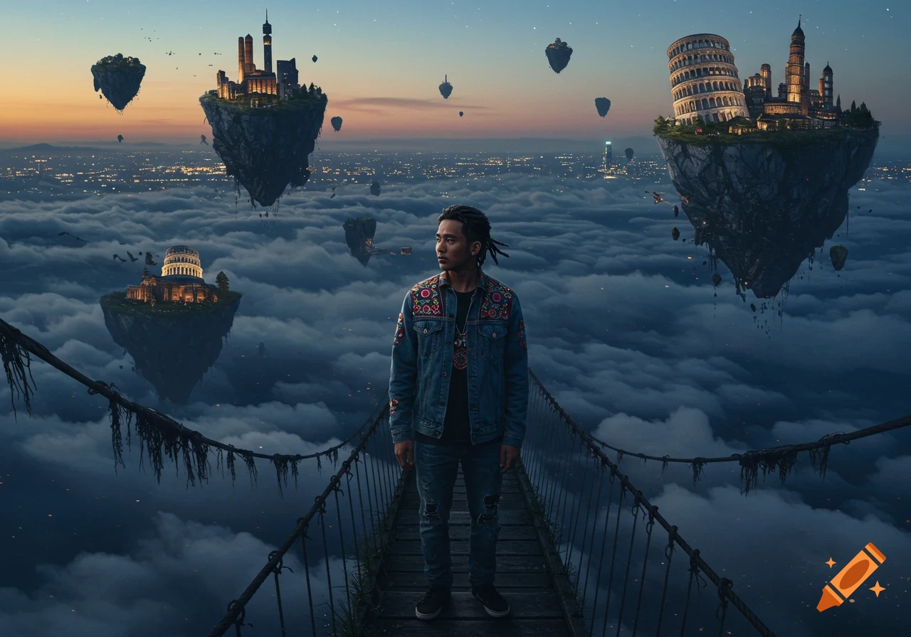 A man stands on a rope bridge above clouds, looking at illuminated floating islands with fantastical cities in the sky at dusk.