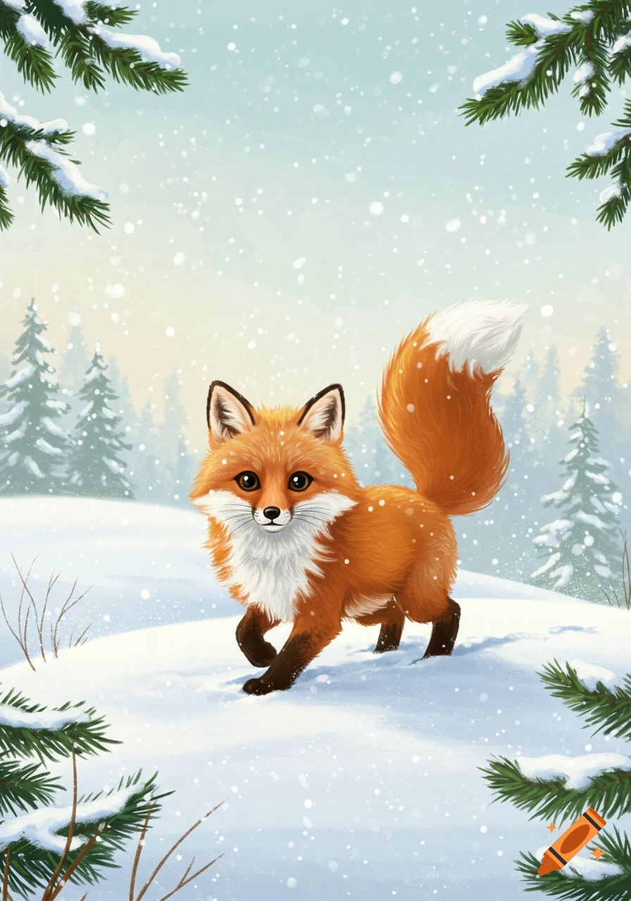 A cute orange fox with white fur walks in a snowy winter forest with pine trees and falling snow, illustrated.