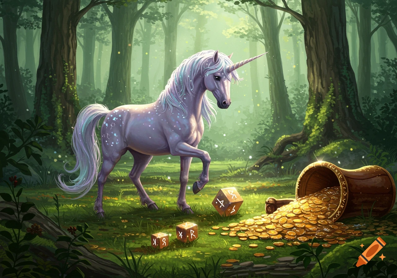 A majestic unicorn stands in an enchanted forest next to spilled gold coins and rolling dice.