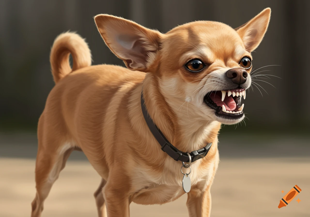 A photorealistic light brown chihuahua with a black collar baring its teeth in an angry expression.