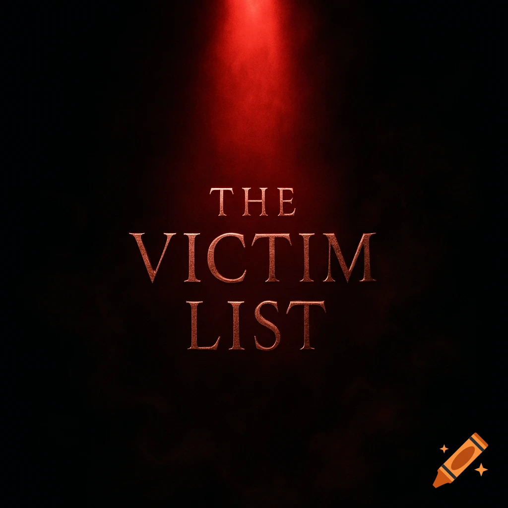 The words "THE VICTIM LIST" in metallic red letters under a dramatic red spotlight on a black background.