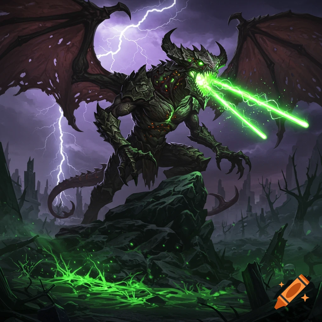 A dark fantasy monster with wings, horns, and glowing green eyes spits green lasers in a stormy, apocalyptic landscape with lightning.