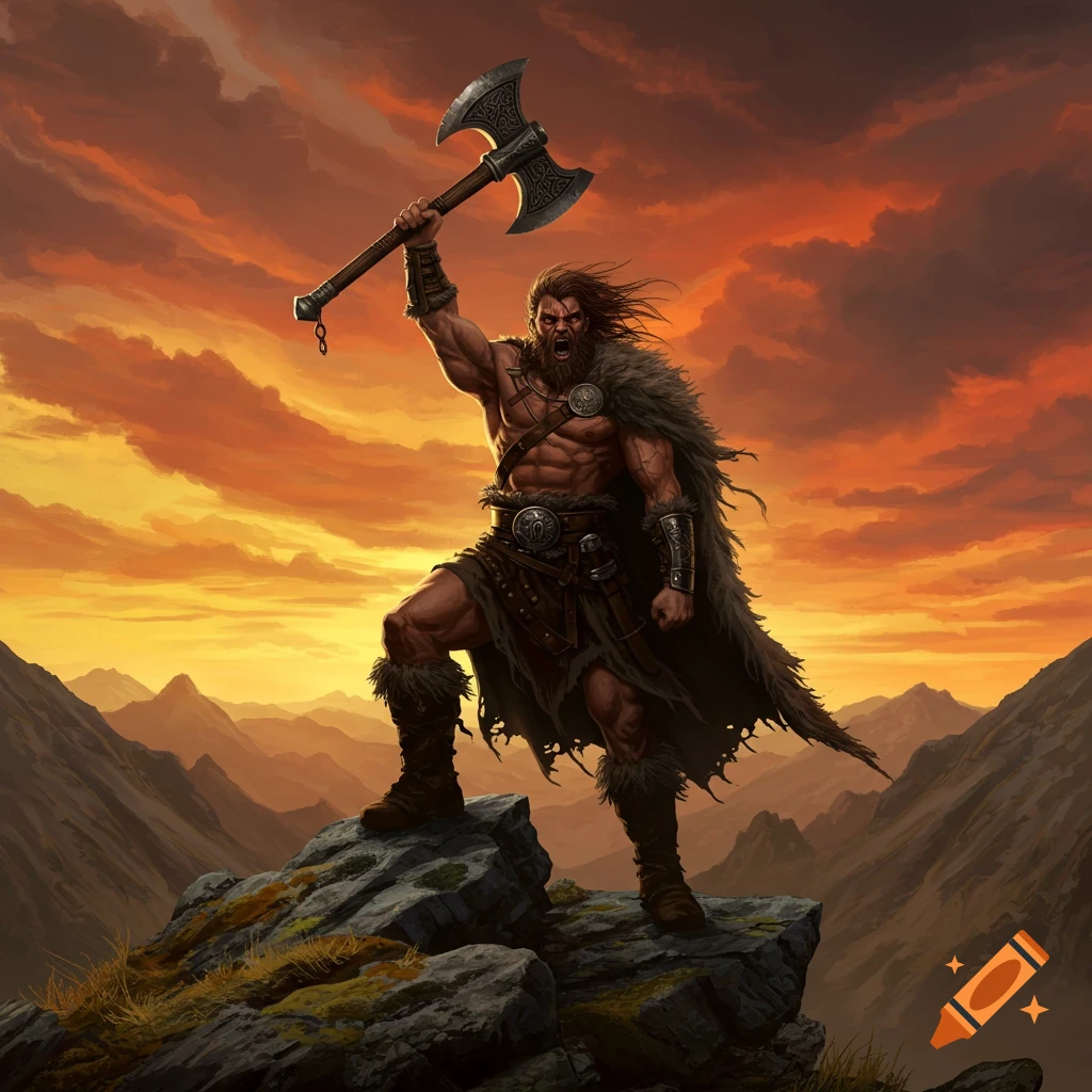 A muscular barbarian warrior with a large double-bladed axe raised triumphantly over his head stands on a rocky mountain peak against a dramatic orange and red sunset sky.