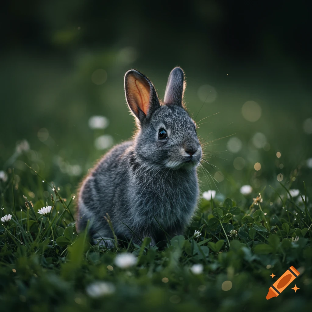 A cute grey bunny sits in lush green grass dotted with small white flowers, with bokeh lights in the background.