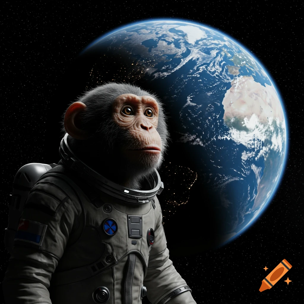 Photorealistic chimpanzee in a detailed spacesuit floats in dark space with a vibrant Earth and stars in the background.
