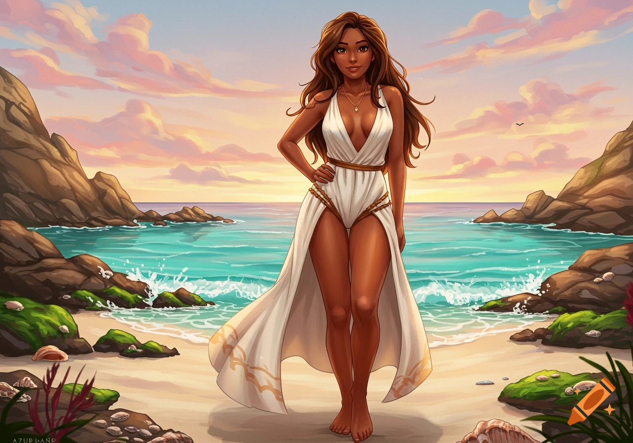 A female character with brown hair and peach skin stands on a beach in a white dress, in Azur Lane style art.