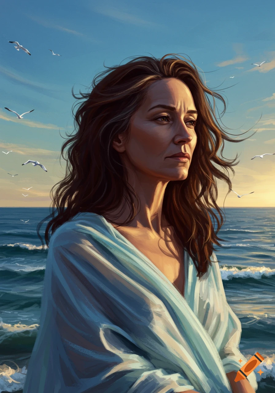 Digital painting of a woman with flowing brown hair, wrapped in a sheer top, looking out at a wavy ocean with seagulls flying under a sunset sky.