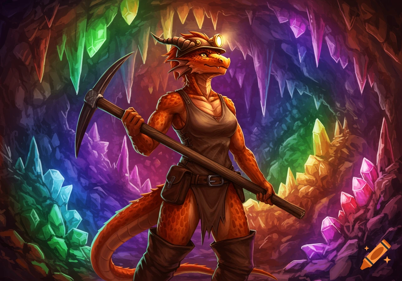 A muscular orange female dragon humanoid miner with a headlamp holds a pickaxe in a vibrant cave filled with rainbow crystals.