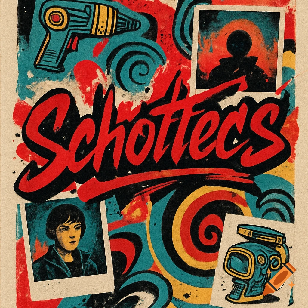 A grunge-style magazine cover with the title "Schottecs" in red, featuring a ray gun, a robot head, and framed portraits of people.
