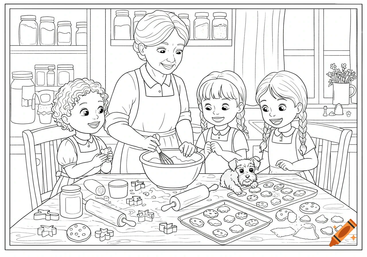 Black-and-white line art of a grandmother and three girls baking cookies with a small dog in a kitchen.