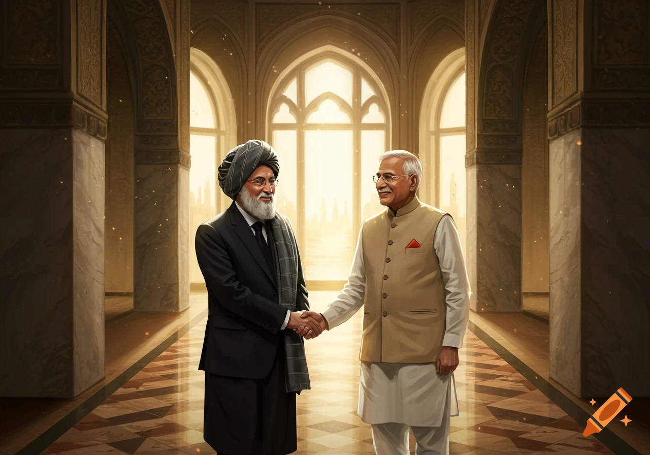Two smiling men, one in a turban and dark suit, another in a light waistcoat, shake hands in a grand hall with arched windows.