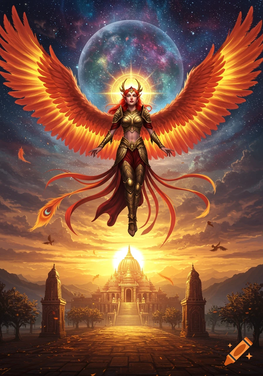 A radiant phoenix warrior goddess with fiery wings floats above a golden temple at sunset, under a cosmic starry sky with a large planet.