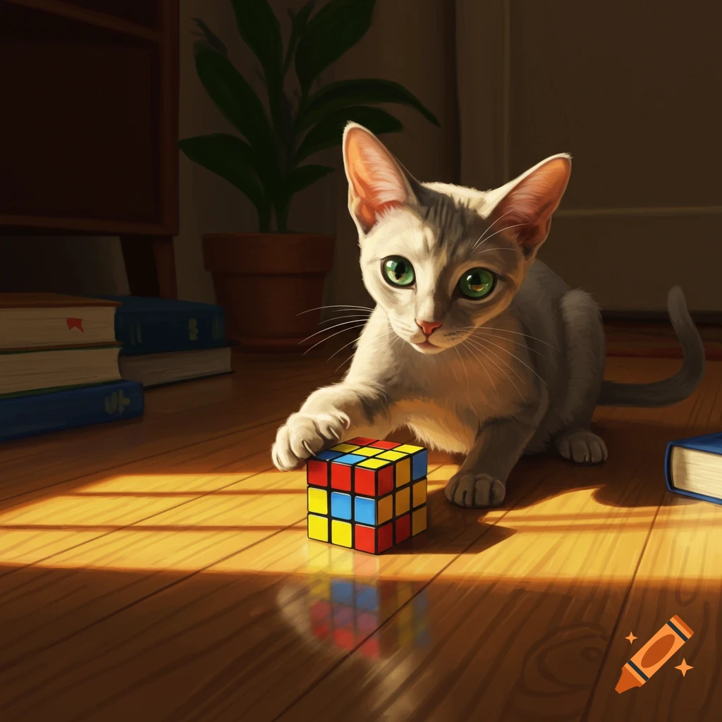 A grey cat with green eyes plays with a colorful Rubik's Cube on a sunlit wooden floor.
