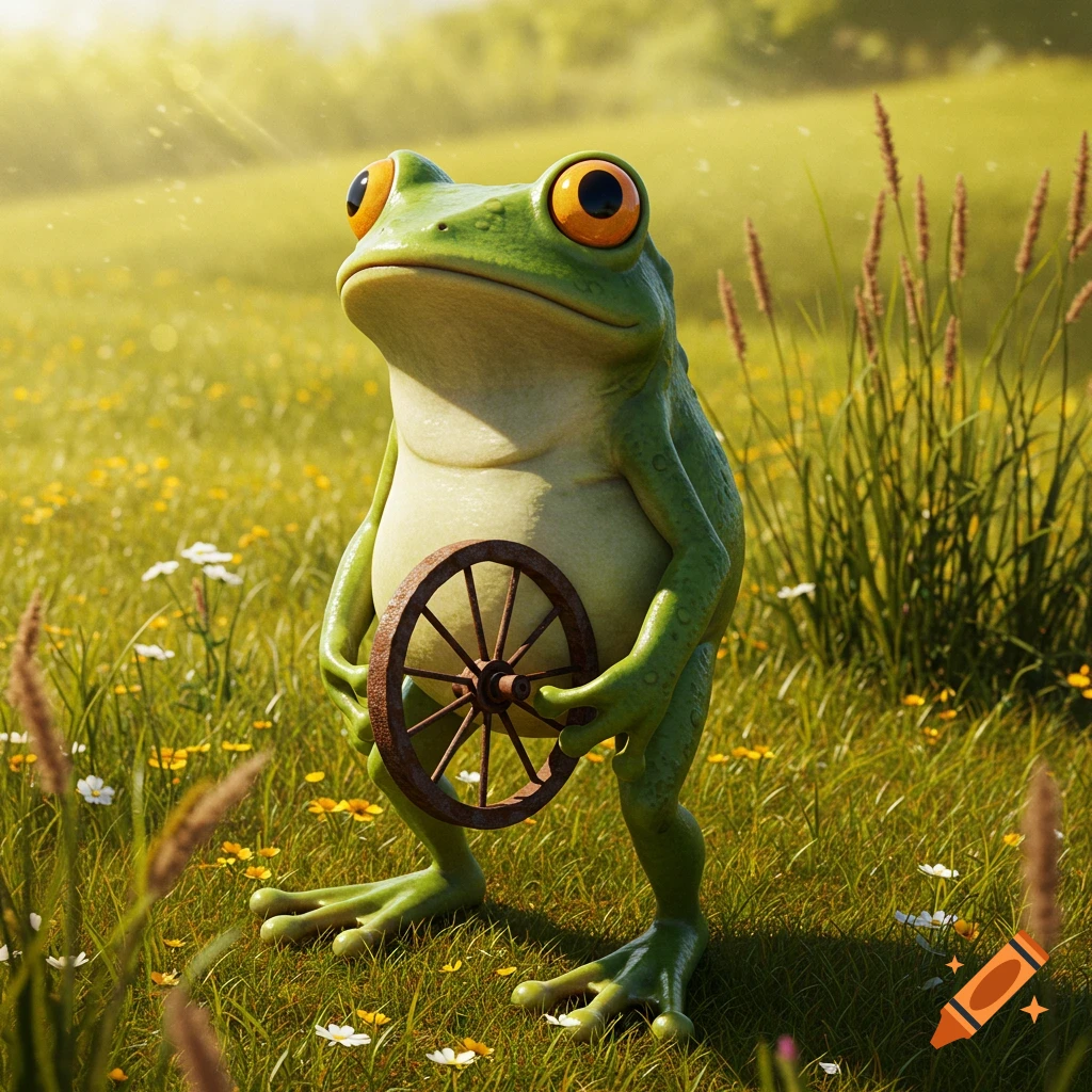 A whimsical green frog stands upright in a sunny grassy field, holding a small rustic wooden wheel against its belly.