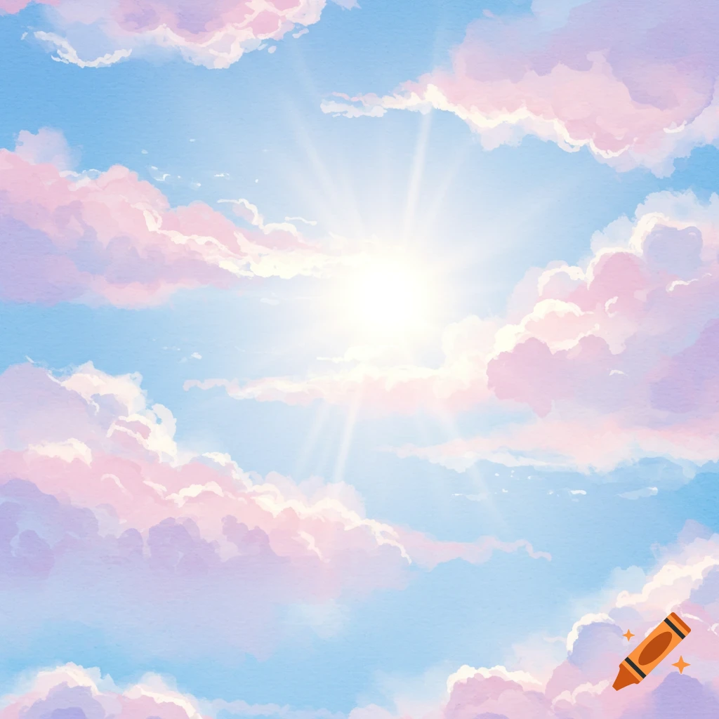 A bright sky filled with pastel pink and purple watercolor clouds, with the sun shining brightly in the center.