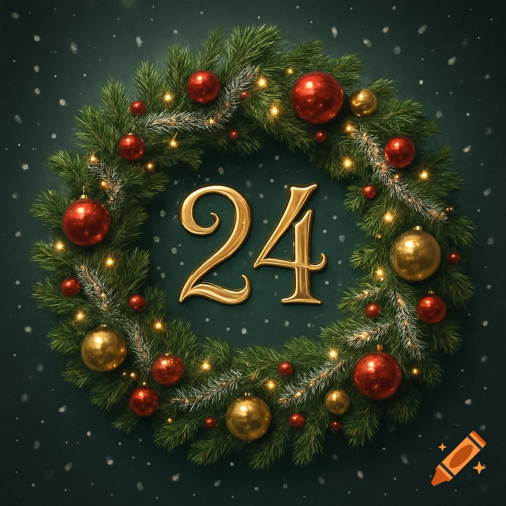 A festive Christmas wreath adorned with red and gold ornaments, sparkling lights, and a prominent golden '24' in the center.