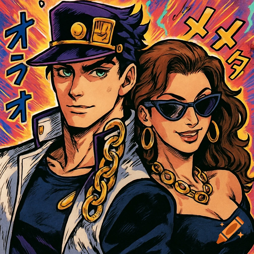 Anime portrait of Jotaro Kujo in a white coat and Mariah in sunglasses, with Jojo-style sound effects in the background.