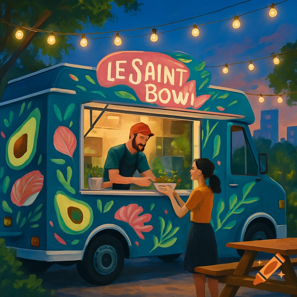 An illustrative image of a man serving a woman from a brightly lit food truck named 'LE SAINT BOW' at night, with fairy lights overhead.