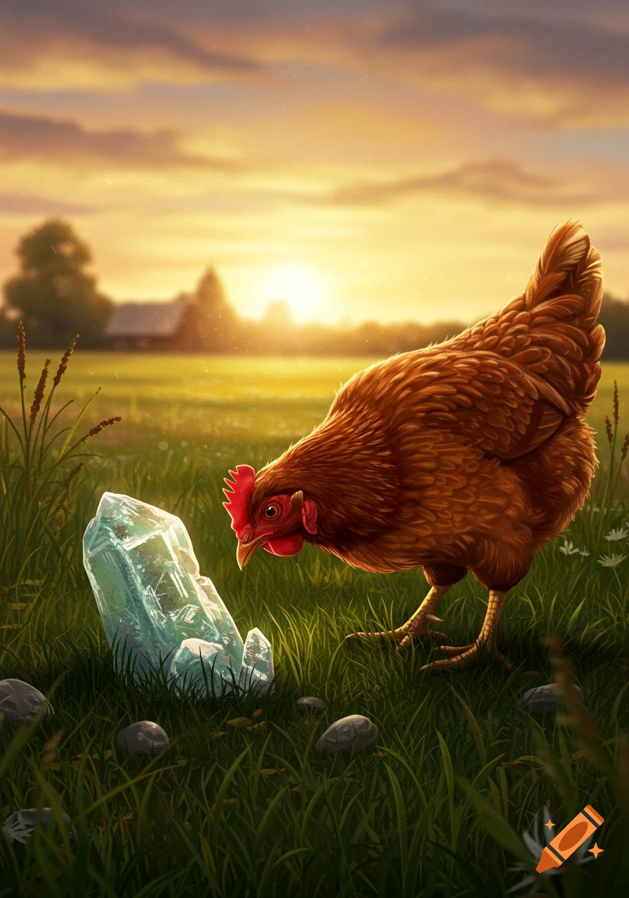 A brown chicken peers curiously at a glowing blue crystal in a grassy field at sunset, with a barn in the distant background.