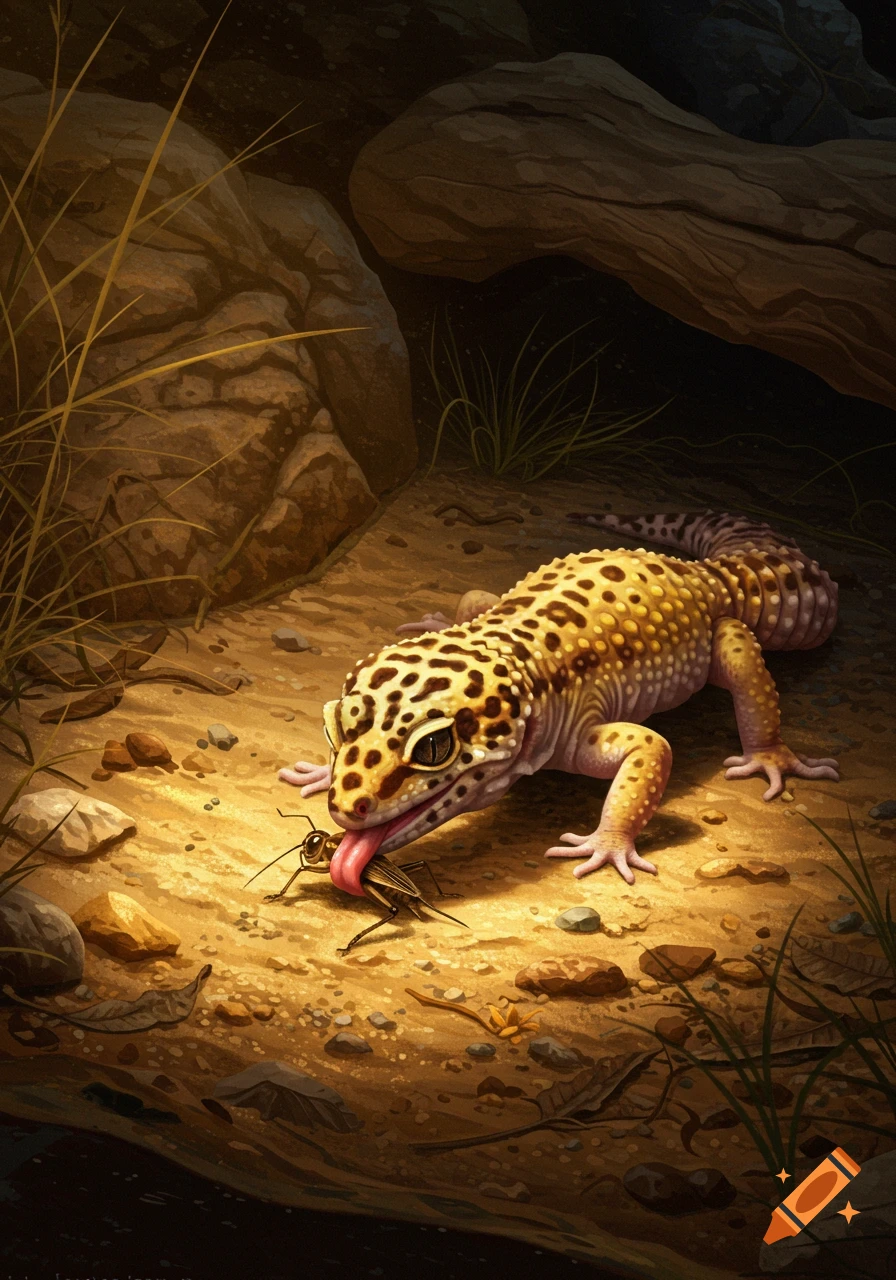 A spotted leopard gecko with yellow and black markings eats a cricket on sandy ground in a cave, illuminated by a warm glow.