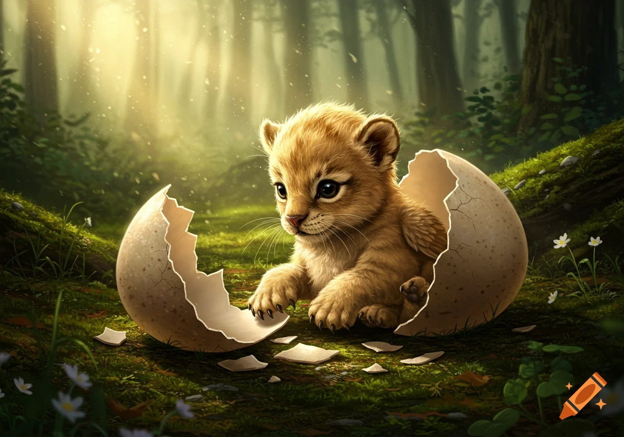 A cute baby lion cub with fuzzy fur hatching from a broken eggshell on a mossy forest floor with dappled sunlight.