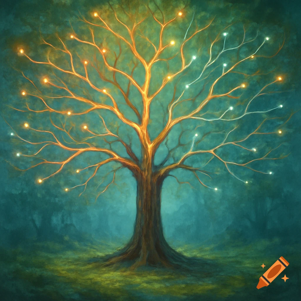 A mystical, glowing tree with warm and cool light orbs on its branches, standing in a dark, painterly forest.