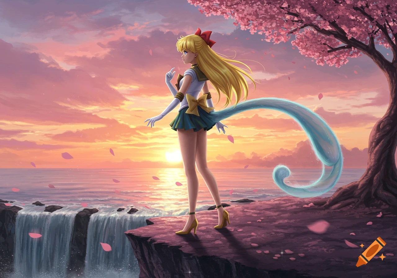 Sailor Venus with a glowing blue tail stands on a cliff overlooking a waterfall and ocean at sunset, with a cherry blossom tree.