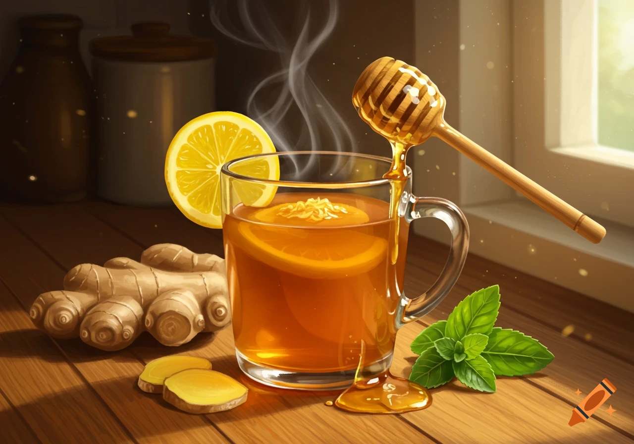 A steaming mug of ginger-lemon-honey tea with lemon, fresh ginger, mint, and a honey dipper on a wooden table.