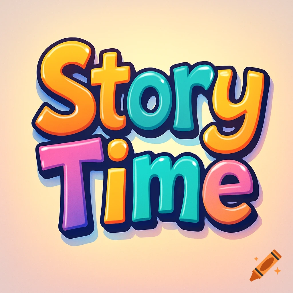 Colorful, playful cartoon-style logo that reads "Story Time" in bold, bubble letters with soft lighting.