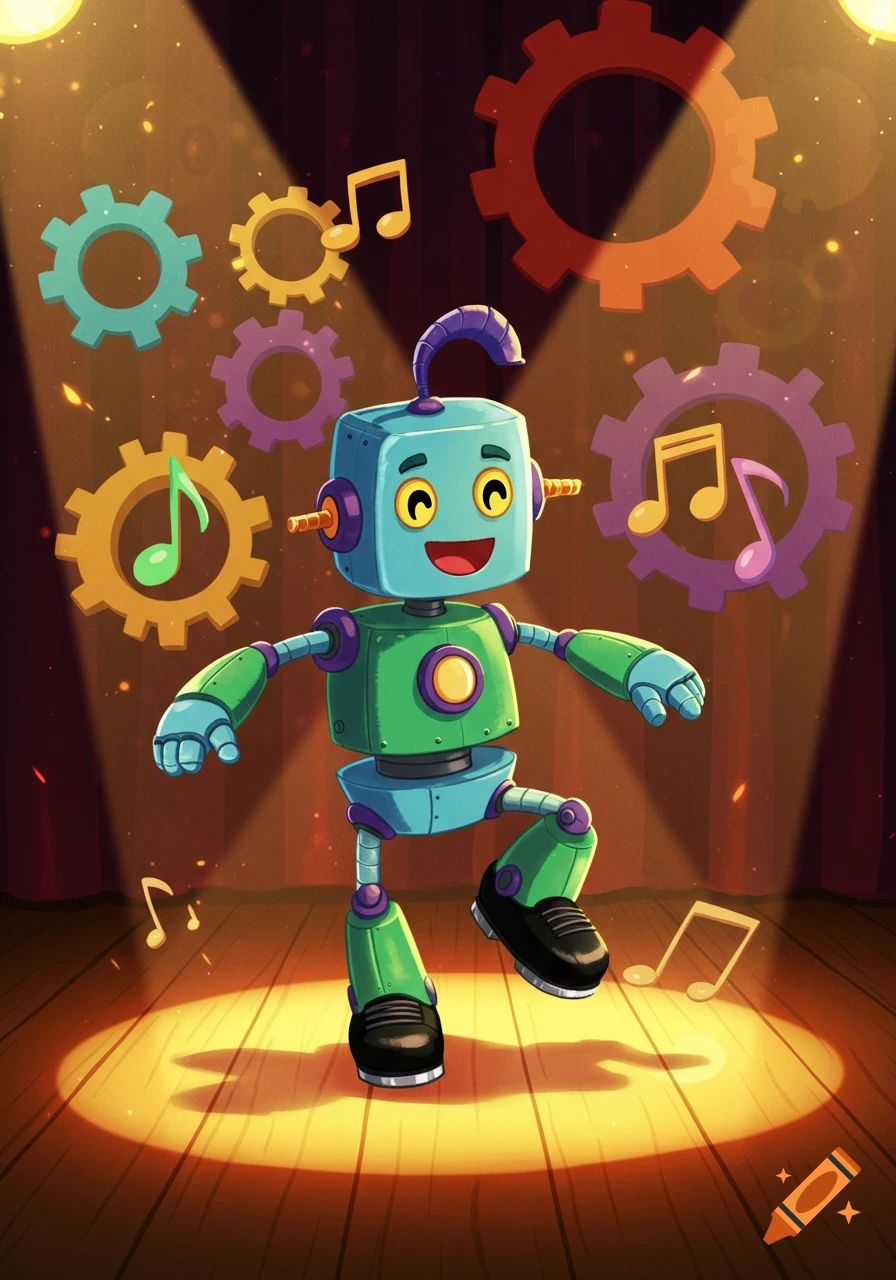 A cheerful cartoon robot with a blue head and green body tap dances under spotlights, surrounded by colorful gears and musical notes.